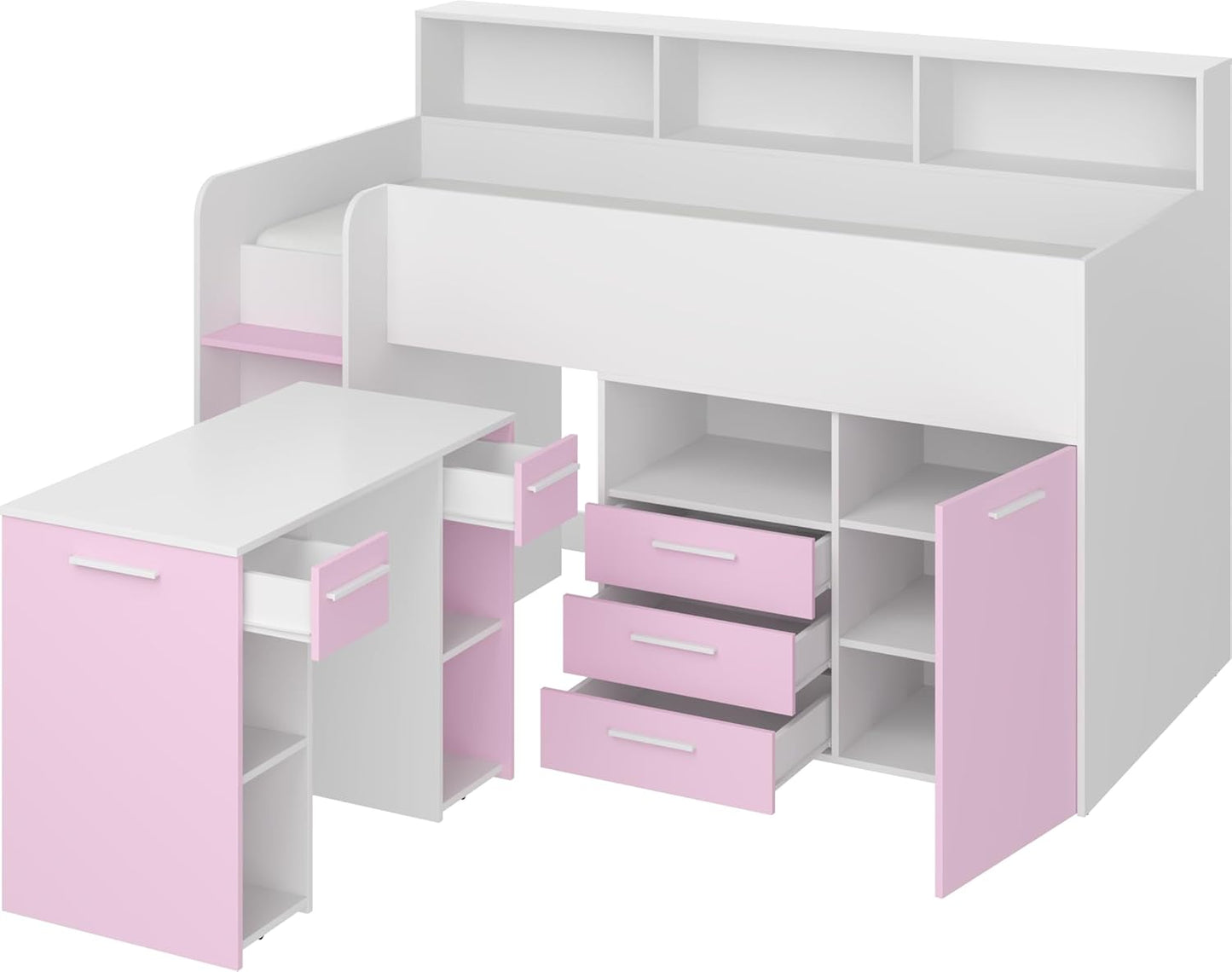 BIM Furniture NEO L Children's Furniture Bunk Bed Set Children's Bedroom Furniture One Bed with Desk, Shelves, Drawers: Left Side (White/Lavender)