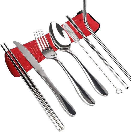 Travel Utensils with Case Reusable Silverware Portable Camping Utensils Cutlery Set 7pcs Lunch Utensil Kit Stainless Steel Flatware Set Including Knife Fork Spoon Chopsticks Straws Cleaning Brush