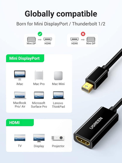 UGREEN Mini DisplayPort to HDMI Adapter Uni-Directional Male to Female Thunderbolt 2.0 Compatible with MacBook Pro/Air, Microsoft Surface Pro 4, Google Chromebook Black