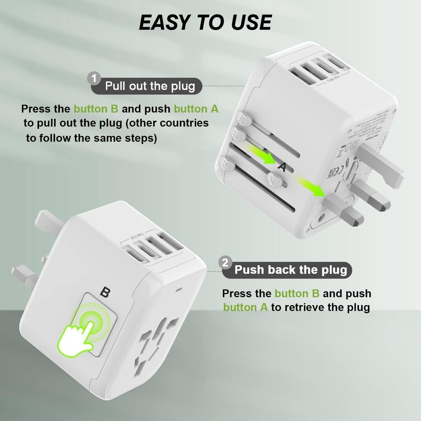 VYLEE Universal International Power Travel Plug Adapter, 5 in 1 European Travel Plug Adapter W/ 3.5A 2xUSB-A and 2xUSB C Wall Charger and Worldwide AC Outlet for Europe USA UK AUS Asia