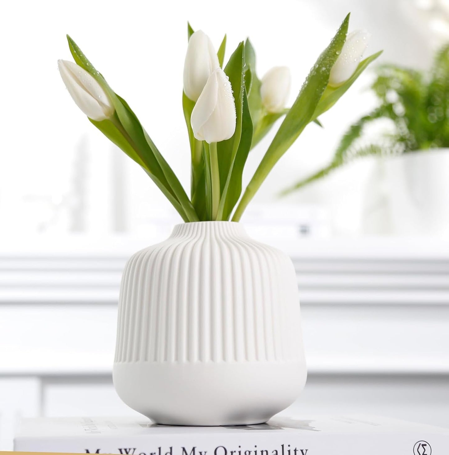 XMZXKJ White Vases Home Decor Centerpieces Modern Boho Ceramic Set of 2 for Flowers Pampas Grass Table Mantle Kitchen(Matt White)