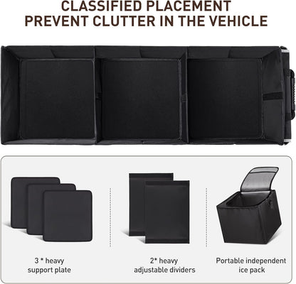 HIRALIY 4 in 1 Car Trunk Storage Organizer, Multi Compartment Collapsible Trunk Storage Box with Leakproof Insulated Bag for Car Truck SUV