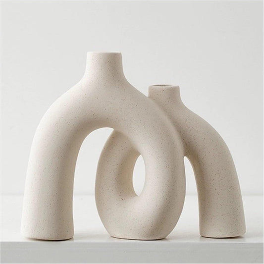 Beige Rough Texture Ceramic Vase, Decorative Arch Design, Flower Vase for Living Room Home Decor