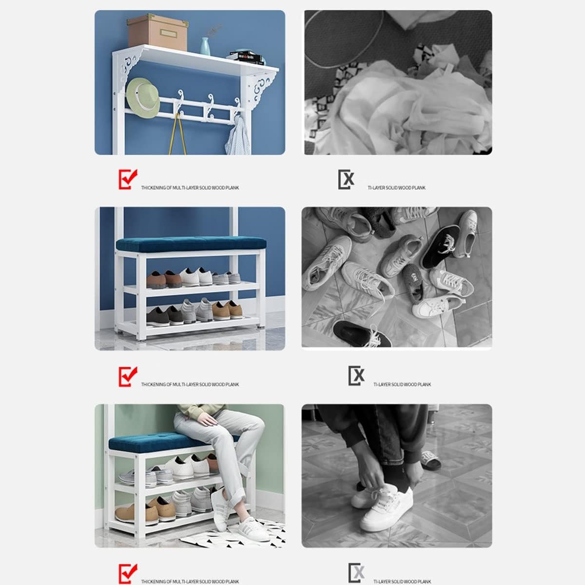 Generico Appendiabiti da Ingresso con Seduta Imbottita e scarpiera a 2 Ripiani - Elegante Organizer Nero e Blu per Soggiorno e Camera da Letto, Mobile salvaspazio, 60 cm