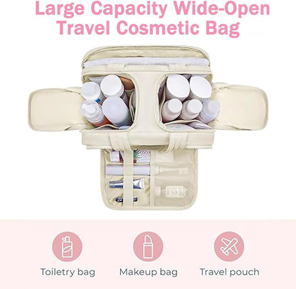 Cureaway Travel Cosmetic Bag, Large Capacity Wide-Open Travel Cosmetic Bag, 4-in-1 Puffy Multi-Functional Toiletry Bag, Open Flat Makeup Bag for Accessories, Essentials, Toiletries, purple, Floral