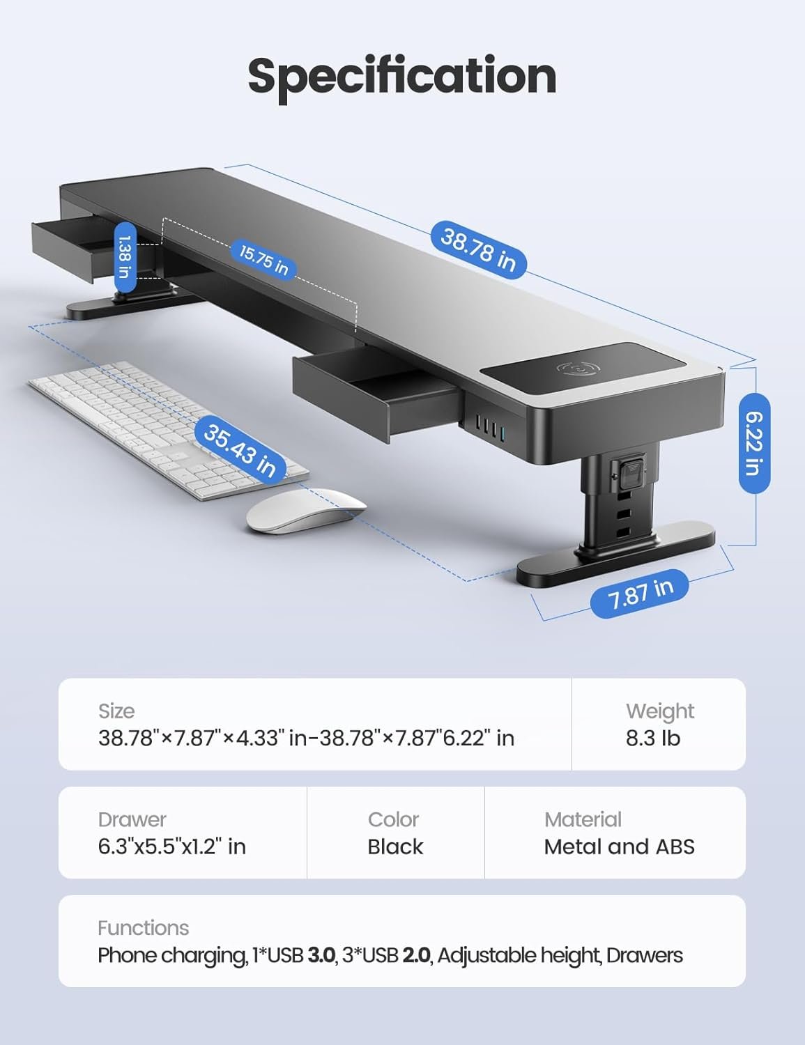 meatanty Dual Monitor Stand with 4 Adjustable Heights, Auto Phone Charging Pad, 4 USB Ports, Computer Riser with Drawers Storage, Metal Double Desk Organizer Lifter Raiser for 2 Monitors Screen