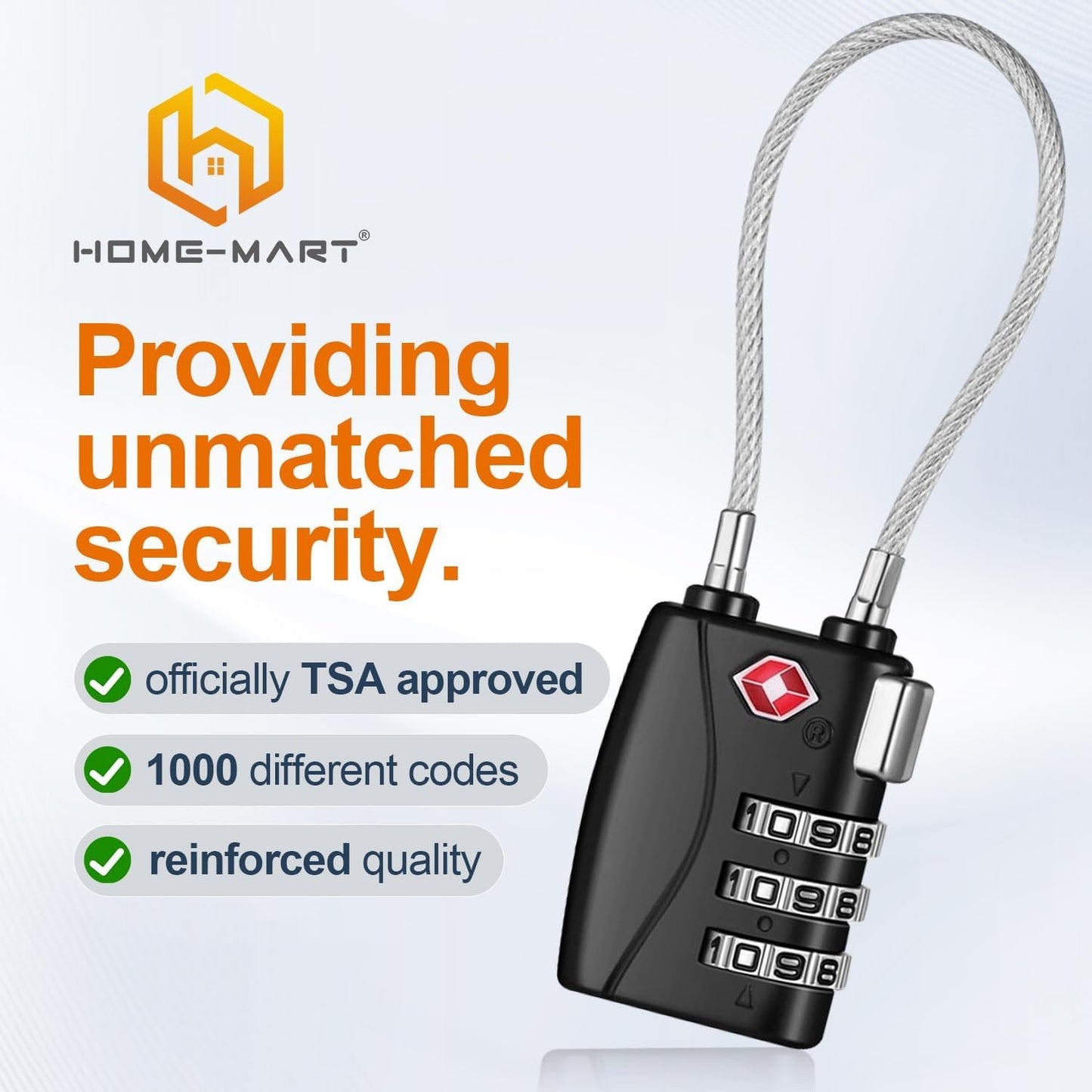 H HOME-MART TSA Approved Cable Luggage Locks,3-Digit Re-settable,Easy to Read Combination Padlock,Suitcase Lock,Alloy Body with Flexible Braided Steel, Security Travel Locks for Travel Bag