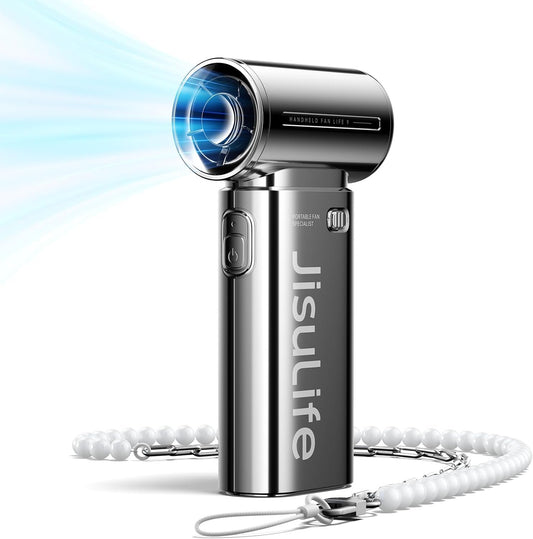JISULIFE Portable Handheld Fan Life9, Turbo Power High Speed Air [18H Max Cooling Time], 5 Gear Wind, 5000mAh Rechargeable, Mini Pocket Design, Personal Fan for Travel Concerts Cruise Makeup - Chrome