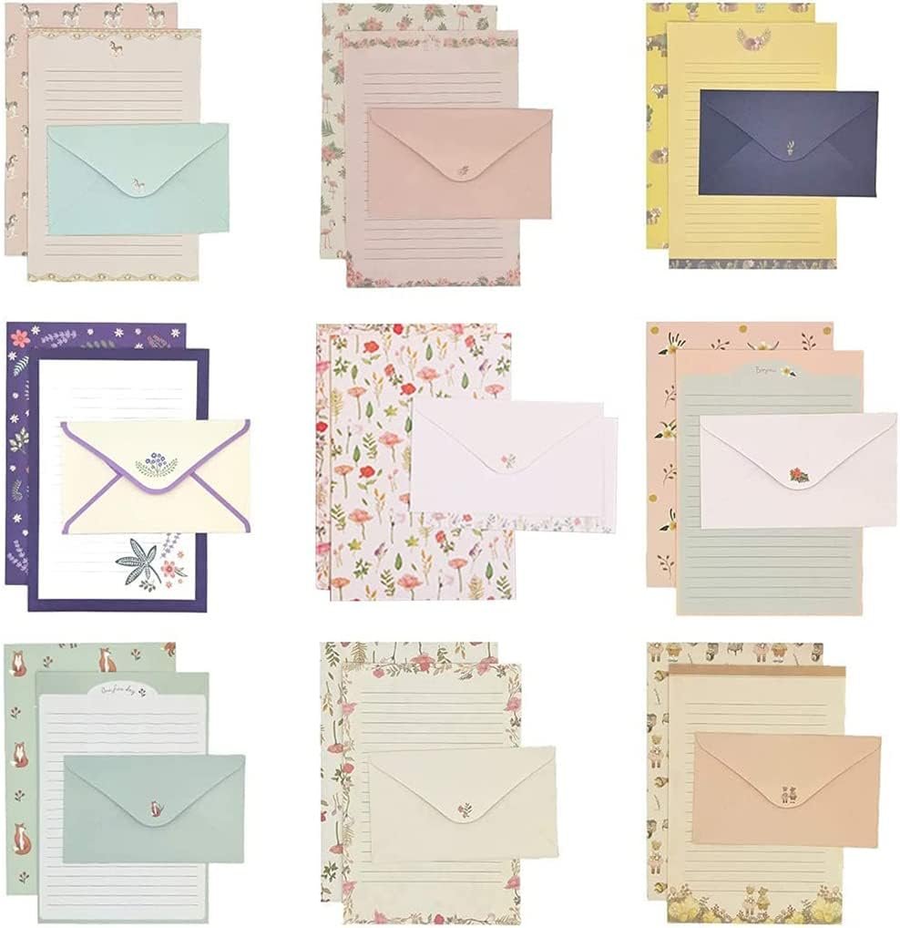 Fulanfudi 81pcs Stationary Paper and Envelopes Set, Contain 54 Stationery Paper and 27 envelopes, Writing Paper Stationery Set, 9 Different Style