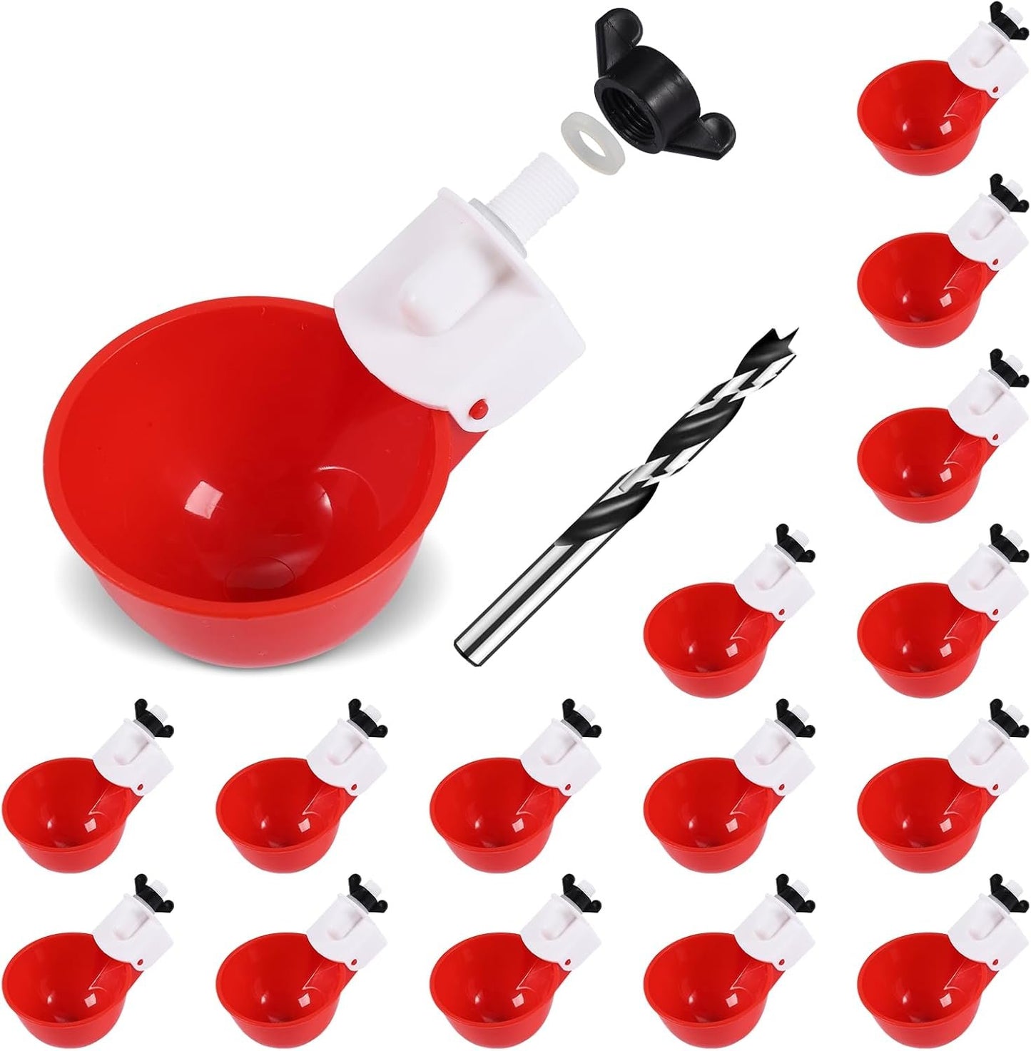 Psarnuk Chicken Waterer Cups (16 Pack/Red) - DIY Automatic Large Chicken Water Feeder for Ducks Quail and Various Poultry Dispenser with Matching Drill, Double Rubber Ring, Not Leaking Wate