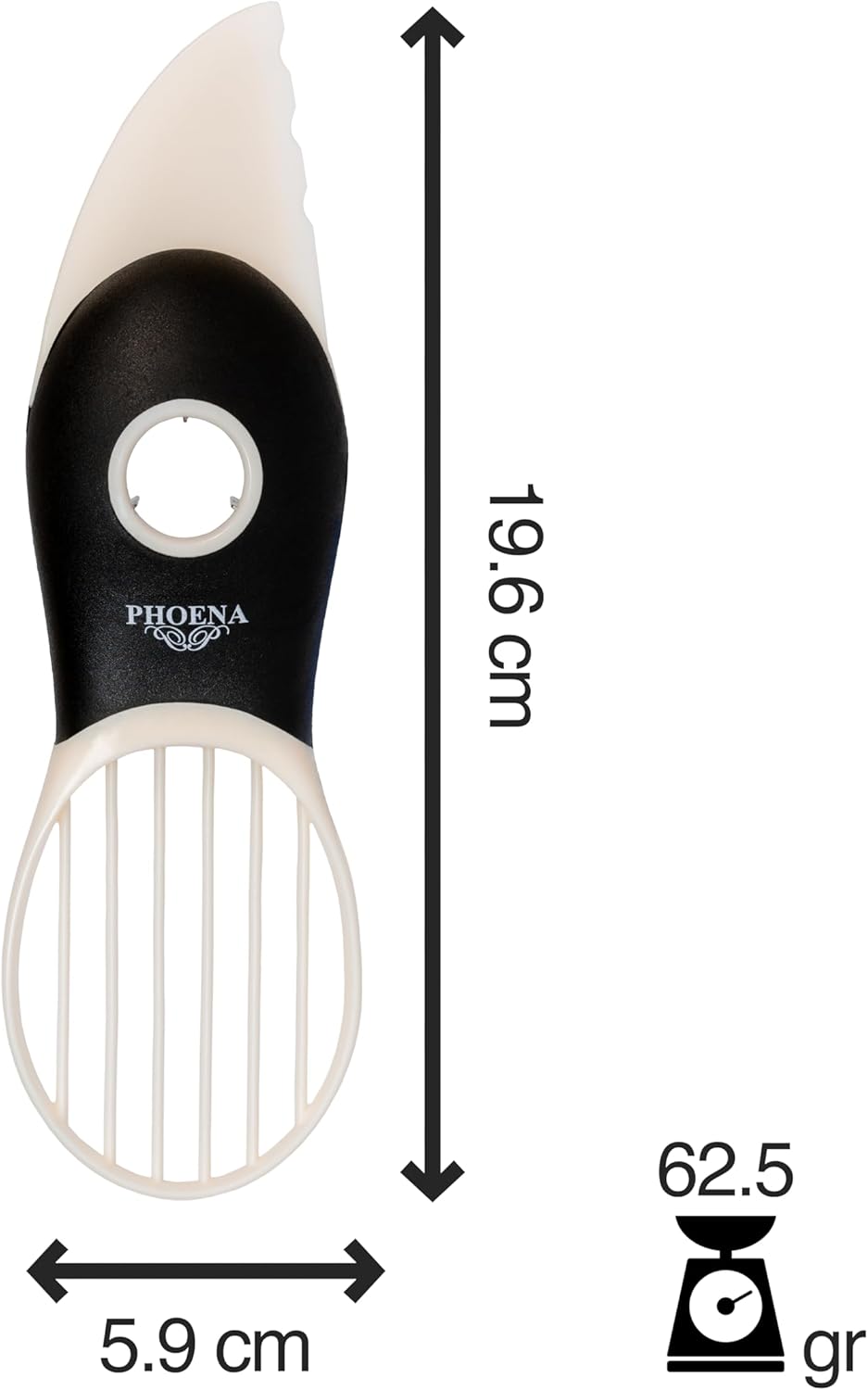 PHOENA Avocado Tool Fruit Slicer Pitter 3 in 1 White & Black Kitchen Gadget Tool Comfortable to Grip Core Remover Food Safe Fruit & Vegetable