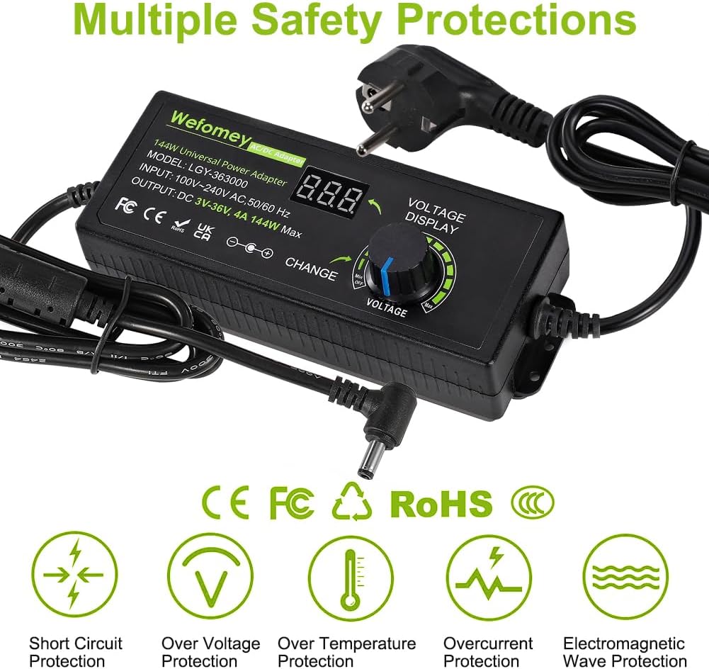 Adjustable Power Adapter 3V-36V 4A 144W, Universal AC/DC 100V-240V AC to DC Adapter with 14 Tips and Polarity Converter for Home Electronics and USB Devices, 4000mA Max
