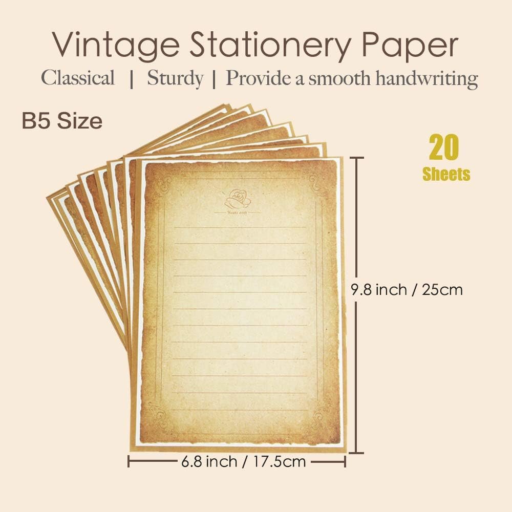 MIYKA Paper Envelopes with Vintage Stationery Paper Lined Paper, Stationery Paper Writing Paper for Invitation Wedding Office (10 Pcs Envelopes +20 Sheets Letter Paper)