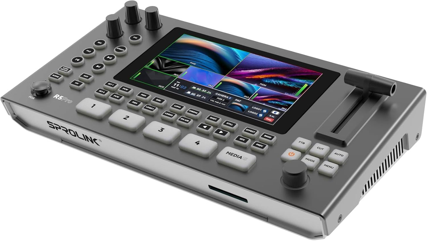 SPROLINK NeoLIVE R5PRO-S 1080P 60HZ 5.5-inch Screen Professional-Grade Live Video switcher, Portable All-in-one 4 HDMI 4K inputs Horizontal and Vertical Screen NDI Support (Optional)
