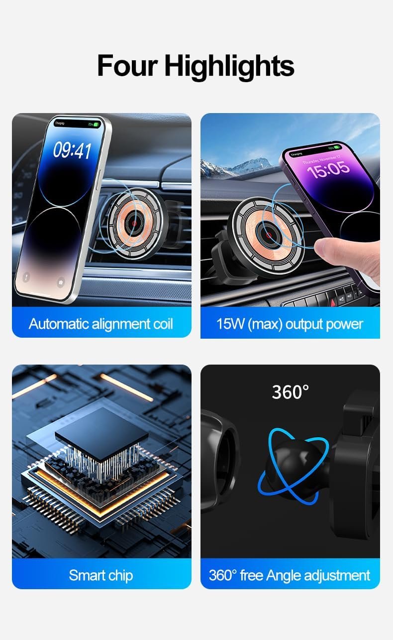 for MagSafe Car Mount Charger, 15W Fast Charging Magnetic Wireless Car Charger, Magnetic Phone Mount Holder for Magsafe Charger Car Phone Holder Vent Fits iPhone 15 14 13 12
