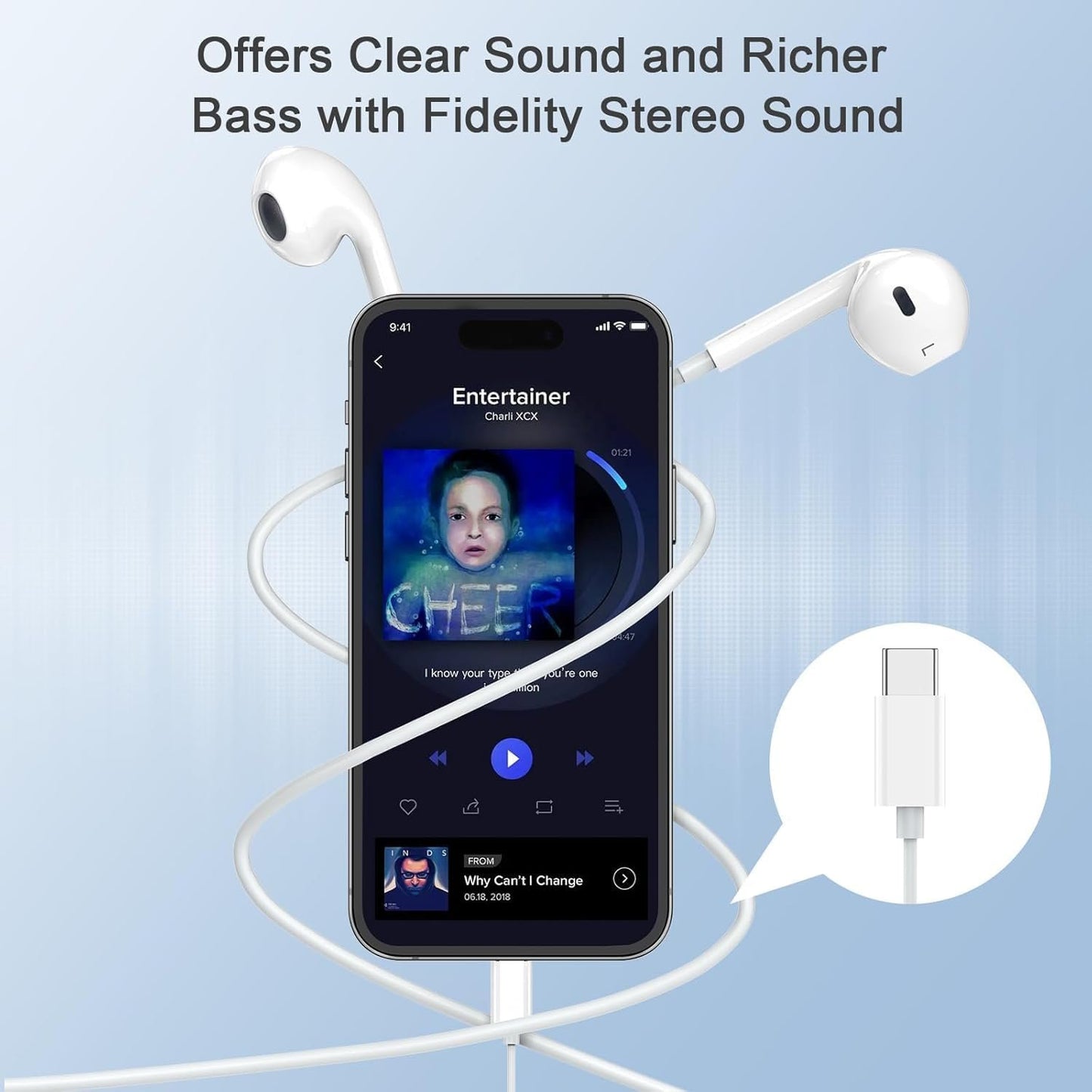 Apple Earbuds with USB C Wired Earphones Noise Canceling Isolating with USB-C Plug (Built-in Microphone & Volume Control) for Phone 15 Android Smartphone and Other USB C Type C Device