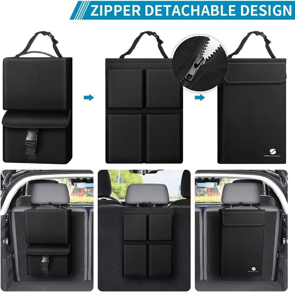 Car Trunk Organizer With Cooler, Hanging Car Organizers With Large Pockets, Zippers Detachable Seat Back Organizer, Waterproof for Jeeps, SUVs, Black