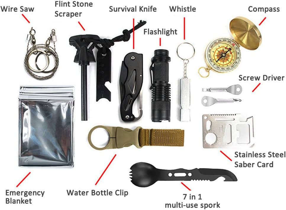 Pepego Survival Kit,13 in 1 Survival Gear and Equipment, First Aid Kit with Survival Emergency Knife Blanket Flashlight Compass Multispork Whistle Screwdriver for Camping Adventures