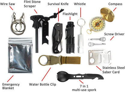 Pepego Survival Kit,13 in 1 Survival Gear and Equipment, First Aid Kit with Survival Emergency Knife Blanket Flashlight Compass Multispork Whistle Screwdriver for Camping Adventures