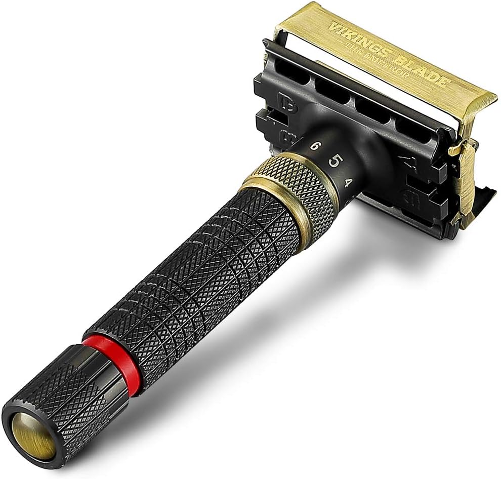 VIKINGS BLADE Adjustable Double Edge Safety Razor, The Emperor MEIJI by , Short & Fat Handle, Solid Brass, Butterfly Twist-To-Open, Eco Friendly, Luxury Case. Smooth, Close, Clean Shaving Razor