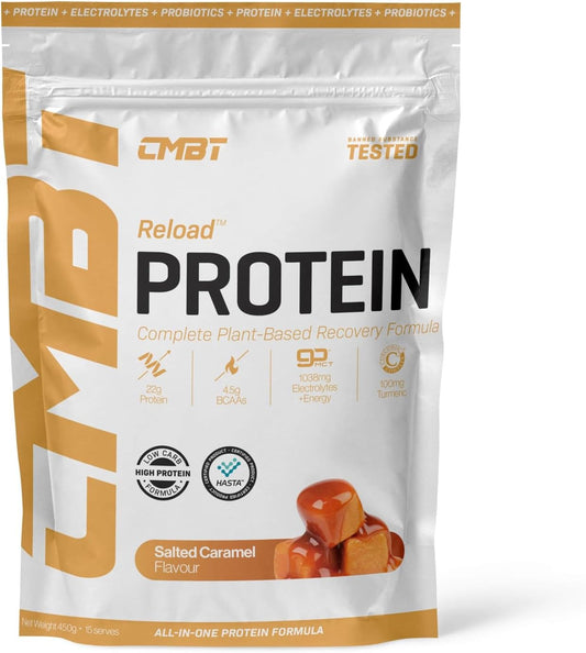 CMBT Reload Protein Powder, 22g Plant-Based Protein, Gut Health, Anti-Inflammatory, Clean Energy, Hydration Support, Banned Substance Tested, Salted Caramel, 450g