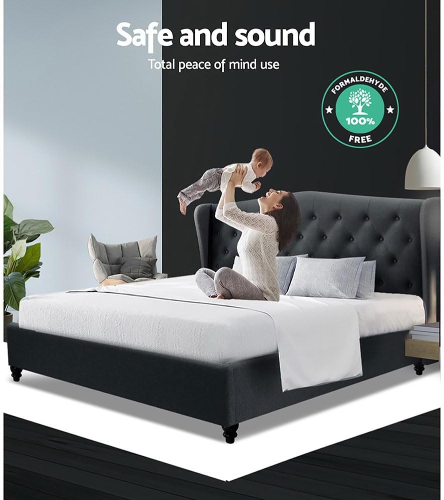 Artiss King Bed Frame Platform Wingback Headboard Frames Beds Base Bedroom Room Decor Home Furniture, Upholstered with Charcoal Faux Linen Fabric + Foam + Steel, Modern Design