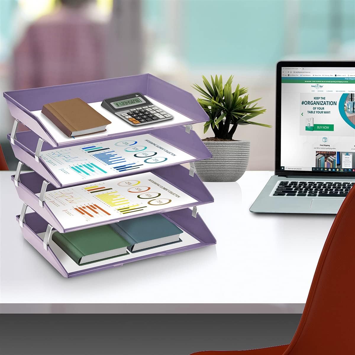 Acrimet Facility 4 Tier Letter Tray, Side Load, Letter Size/A4, Desktop File Organizer, Plastic (Solid Purple)