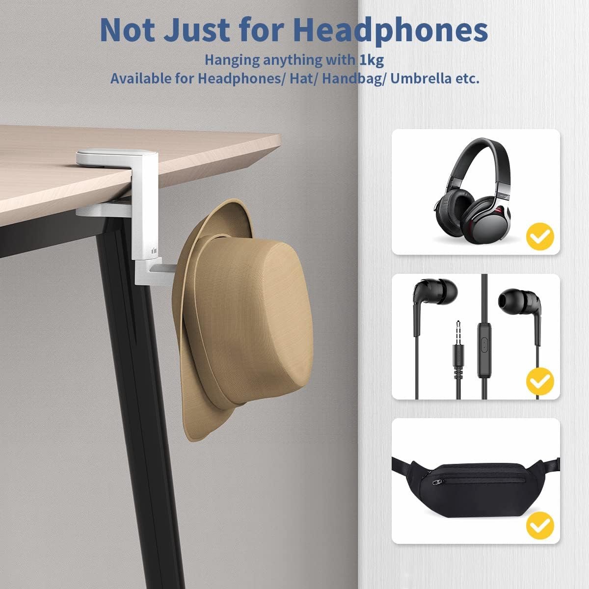 KIWIFOTOS Headphone Stand Holder Under Desk, PC Gaming Headset Hook Hanger Mount with 360 Adjustable Rotating Arm Clamp & Built in Cable Clip - White
