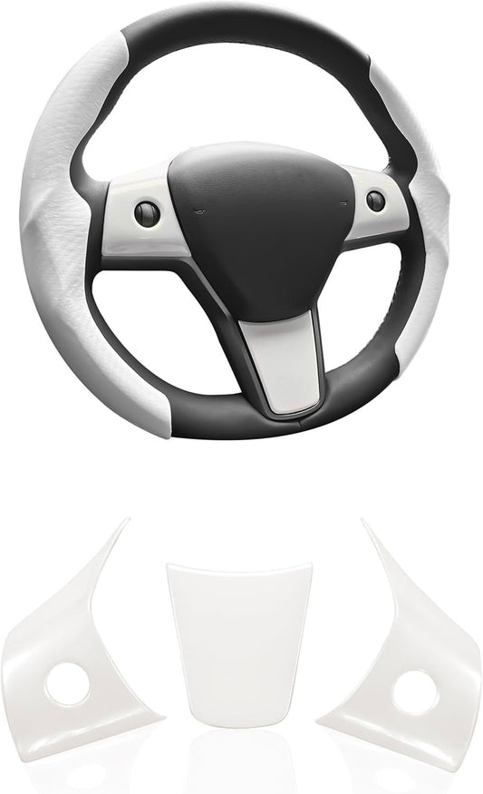 Tesla Model 3 Model Y Steering Wheel Covers Wrap Kit, ABS Steering Wheel Decor Plates Gifts for Tesla Owners, 2017-2023-Tesla-Model-3, 2020-2023-Tesla-Model-Y Interior Accessories, White (3 pcs)