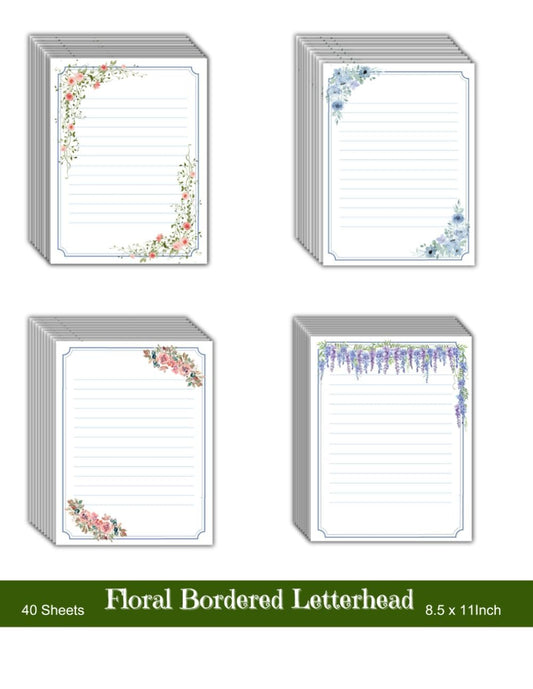 40 Sheets Floral Bordered Letterhead: Stationery Letterhead Stylish Paper, Personalised Invitations, Watercolor Floral Unique Notes: Running Daily Supplies, 4 Designs, 8.5 x 11 Inch
