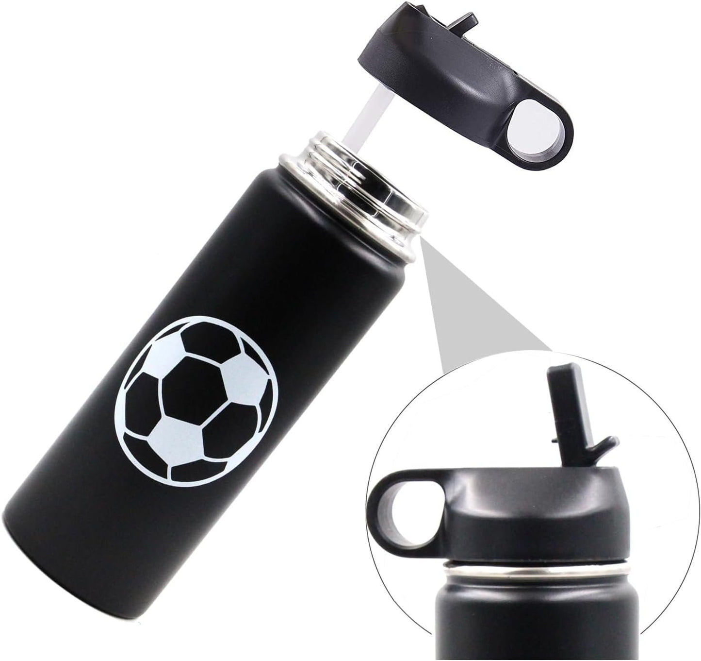 18 oz Soccer Water Bottle, Thermo Cup Sports Flask with 2 Lids, BPA-Free 18/8 Stainless Steel Leak Proof Travel Tumbler Double Wall Vacuum Insulated Water Bottles, Soccer Stuff Gifts for Boys Girls