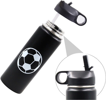18 oz Soccer Water Bottle, Thermo Cup Sports Flask with 2 Lids, BPA-Free 18/8 Stainless Steel Leak Proof Travel Tumbler Double Wall Vacuum Insulated Water Bottles, Soccer Stuff Gifts for Boys Girls