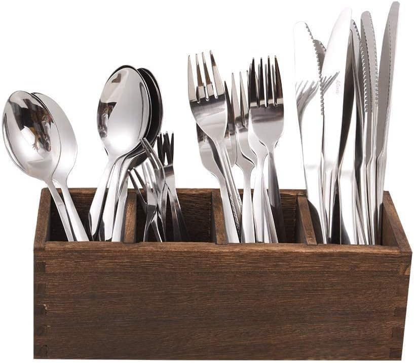 Kitchen Utensil Holder, Wooden Cutlery Holder, 4 Adjustable Smart Compartments Silverware Organizer Spoon Holder for Kitchen Accessories