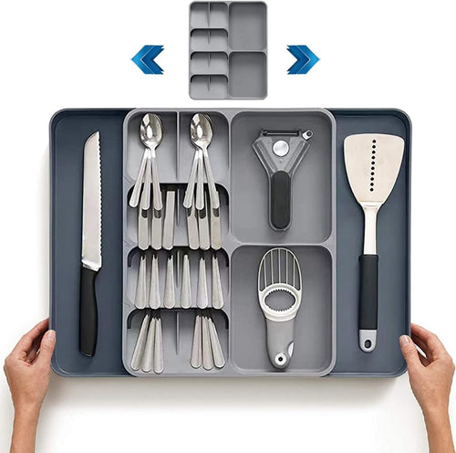 FOREVERIE Extendable Cutlery Drawer Organiser & Utensil Tray â€“ Adjustable Width (28-53cm), 39cm Organizer Depth (Fits 40cm+ Drawers), 5.5cm Low Profile, Knife, Fork & Spoon Storage, Space Saving Grey