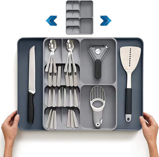 FOREVERIE Extendable Cutlery Drawer Organiser & Utensil Tray â€“ Adjustable Width (28-53cm), 39cm Organizer Depth (Fits 40cm+ Drawers), 5.5cm Low Profile, Knife, Fork & Spoon Storage, Space Saving Grey