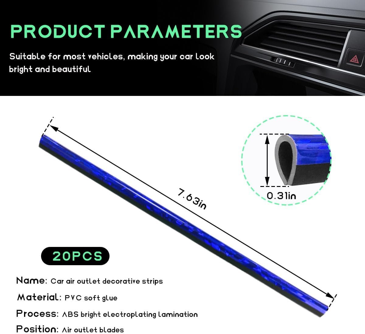 JUSTTOP 20 PCS Car Air Conditioner Decoration Strip, Bendable PVC Trim Strip Line, Shiny Blue, Universal Fit