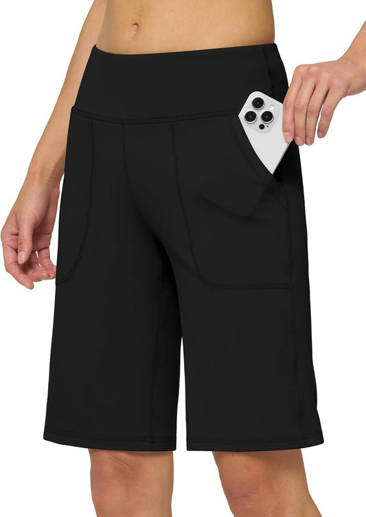 Willit Women's Athletic Long Shorts Bermuda High-Waisted Stretch Shorts Yoga Running Workout with Pockets