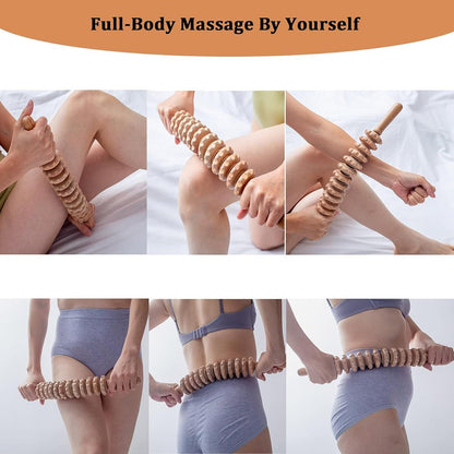 AIMALL Wooden 12-Roller Body Massager Stick for Deep Tissue Relief - Manual Meridian Massager for Neck, Waist, Thighs, Trigger Point Therapy for Fascia and Cellulite
