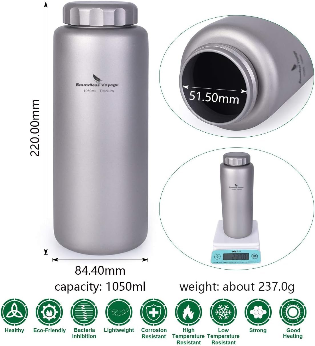 Boundless Voyage Titanium Water Bottle Big Capacity Wide Mouth Ultralight Leak-Proof Tea Coffee Canteen Cup Drinkware for Outdoor Camping Picnic Hiking Cycling Sports 35.5oz/1050ml Ti1591B
