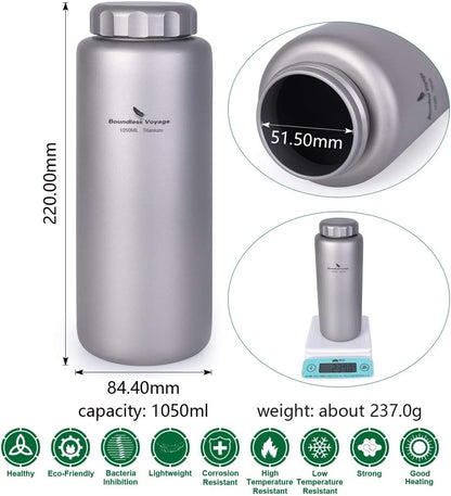 Boundless Voyage Titanium Water Bottle Big Capacity Wide Mouth Ultralight Leak-Proof Tea Coffee Canteen Cup Drinkware for Outdoor Camping Picnic Hiking Cycling Sports 35.5oz/1050ml Ti1591B