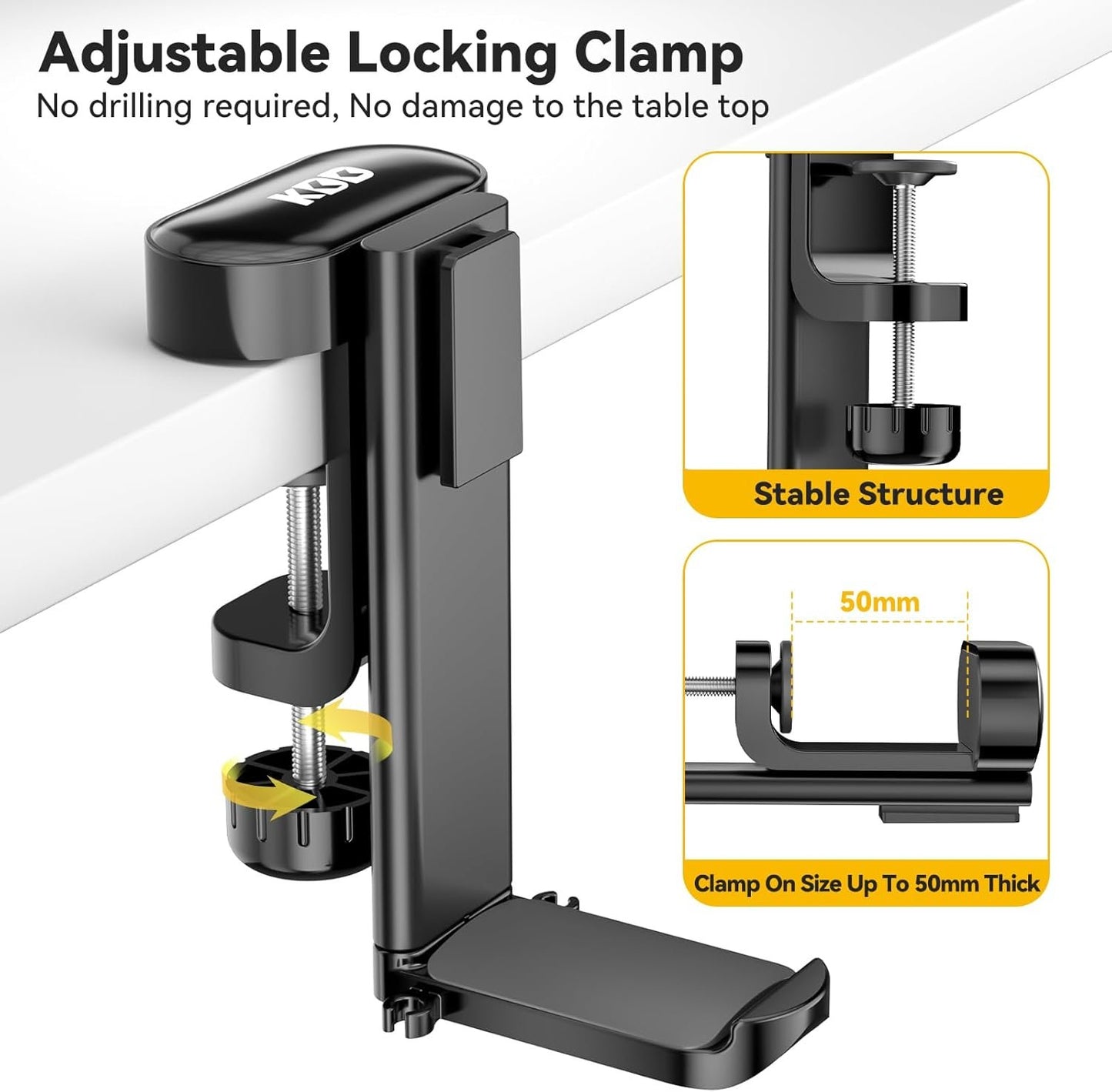 KDD 4 in 1 Desk Organizer - Under Desk Headphone Hook with 2 Wire Holes - Rotating Headphone Hanger and Detachable Storage for Cup, Phone and Pen(Black)