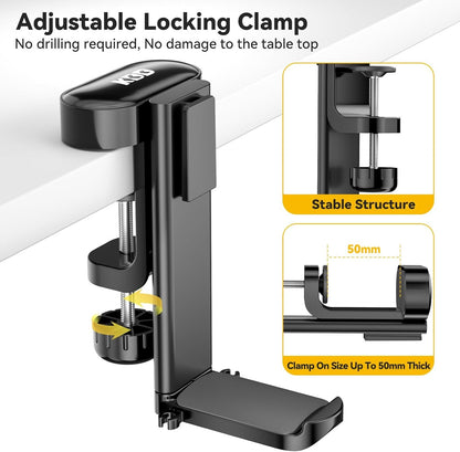 KDD 4 in 1 Desk Organizer - Under Desk Headphone Hook with 2 Wire Holes - Rotating Headphone Hanger and Detachable Storage for Cup, Phone and Pen(Black)