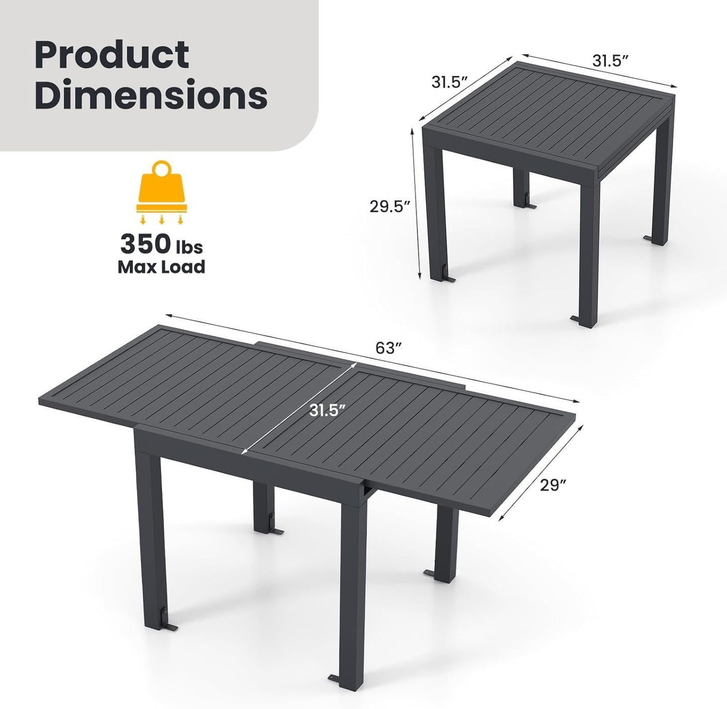 Giantex Expandable Patio Table, 31.5”-63” Extendable Aluminum Dining Table for 4-6 People, Slatted Tabletop, Square Rectangular Outdoor Table for Backyard, Front Porch, Poolside