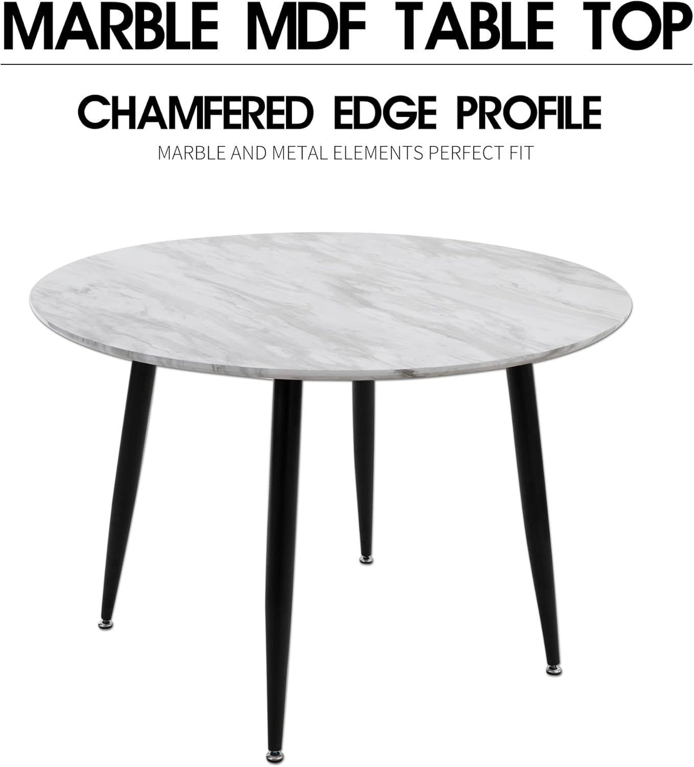 Round Dining Table MDF Marbling White,Marble-Effect Surface Tabletop,Sturdy Table Legs with Non Slip Foot Design for Dining Room