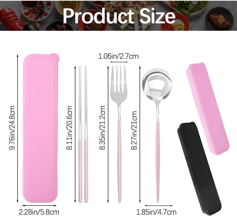 JEPELUS 2Pcs Stainless Steel Utensils Set for Lunch Box, Reusable Cutlery Set with Case for Adult Camping School Picnic Office Work, Potable Travel Cutlery Utensil Mute Dishwasher Safe(Black,Pink)