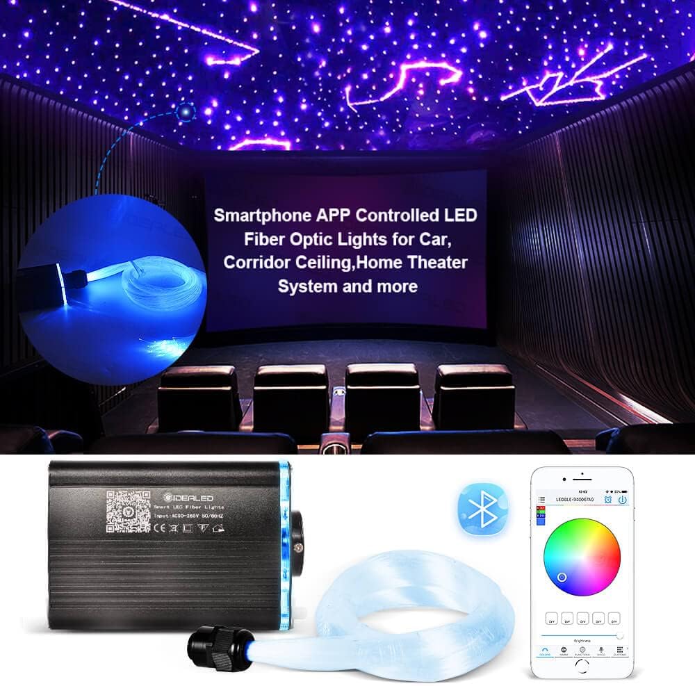 Smart LED Fiber Optic Lights, Bluetooth APP Controlled + Music Activated RGBW Starlight Headliner Kit with RF Remote Control, 200pcs 6.5ft 0.03in Optical Fiber Cable for DIY Car/Home Theater Ceiling