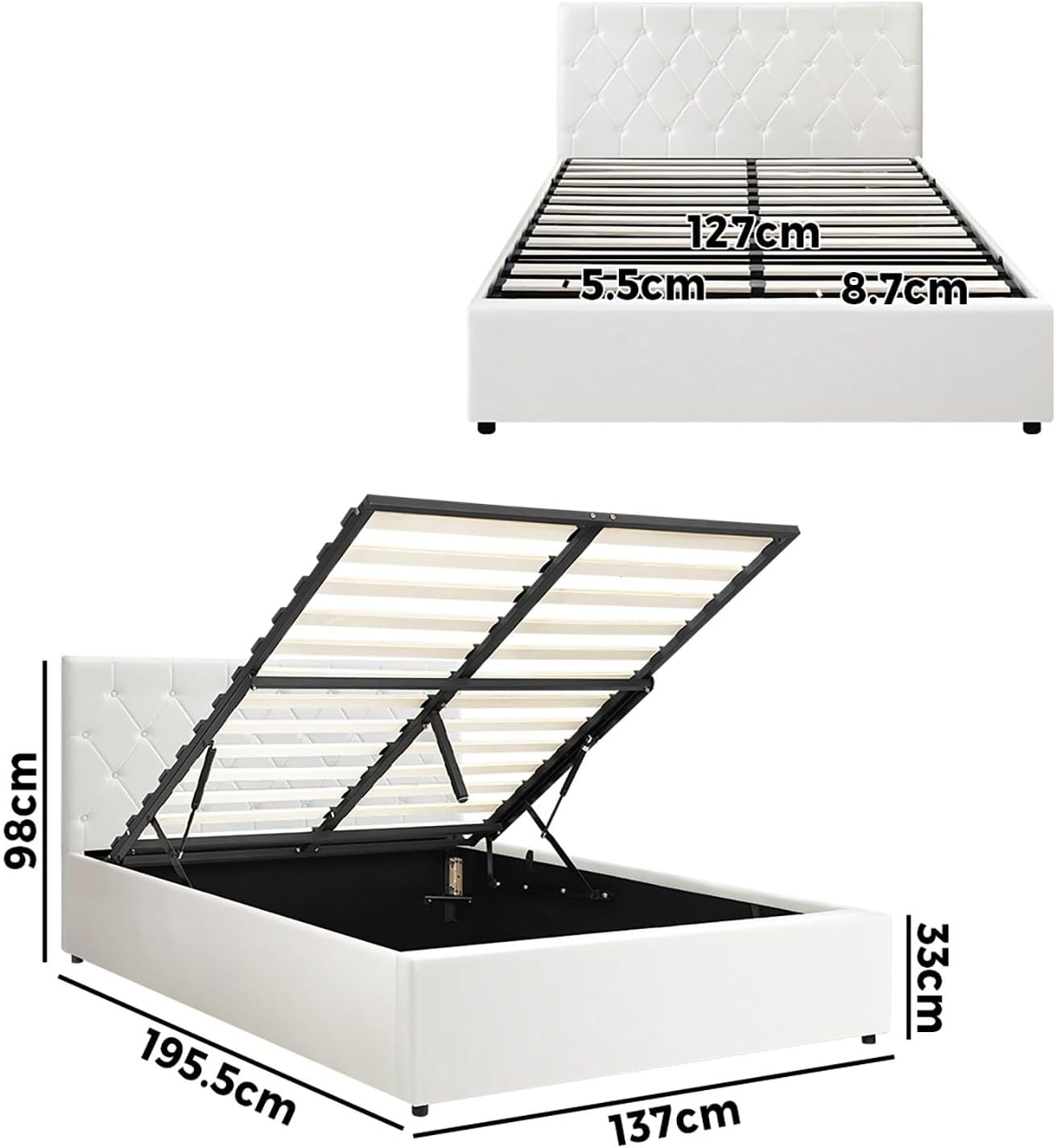 Oikiture Double Bed Frame with Storage and Gas Lift Leather Bed White