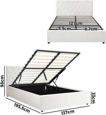 Oikiture Double Bed Frame with Storage and Gas Lift Leather Bed White