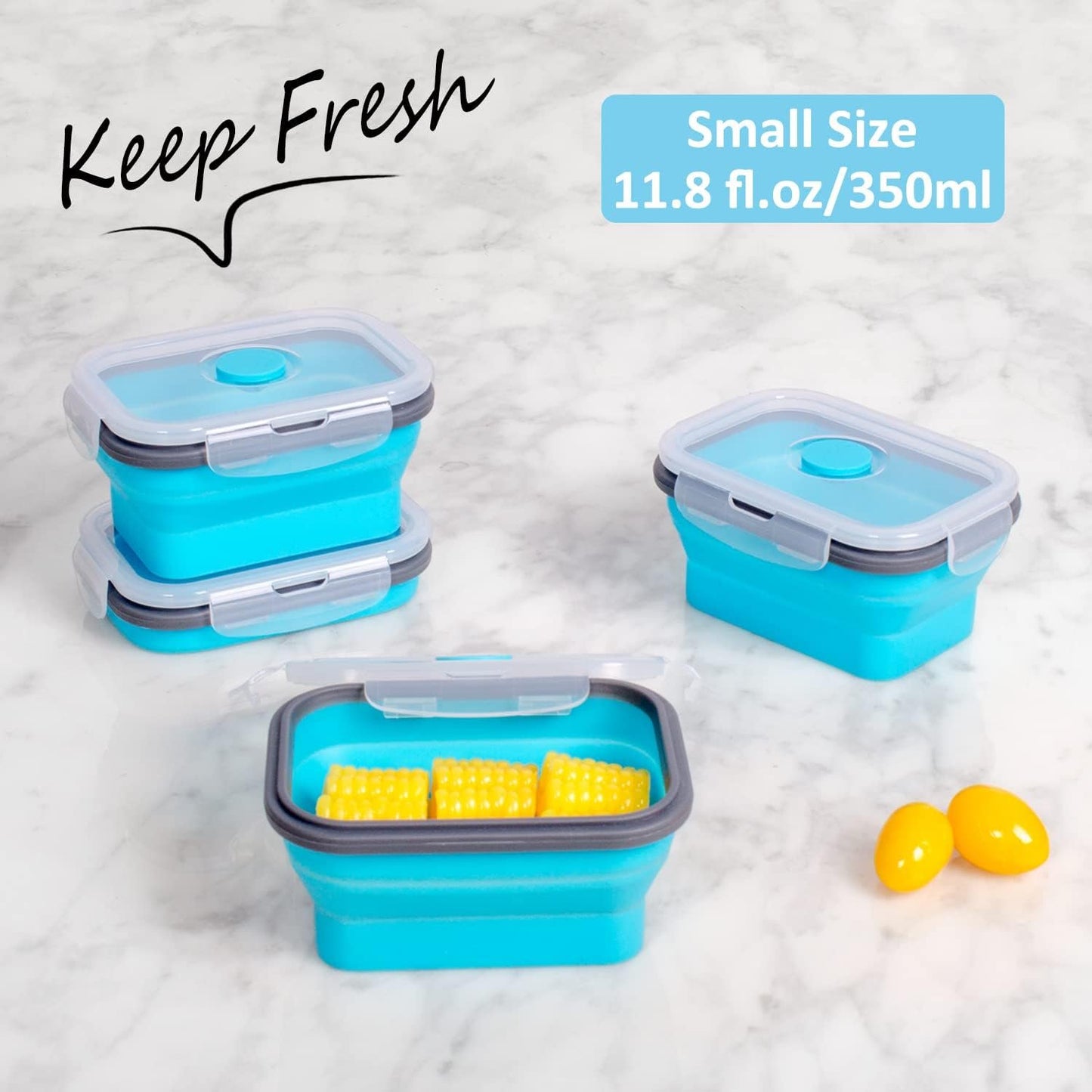Collapsible Food Storage Containers with Airtight Lid and Vent Valve, Stacking Silicone Collapsible Storage Containers for Food, Microwave & Freezer & Dishwasher Safe, Blue, Small, Set of 4