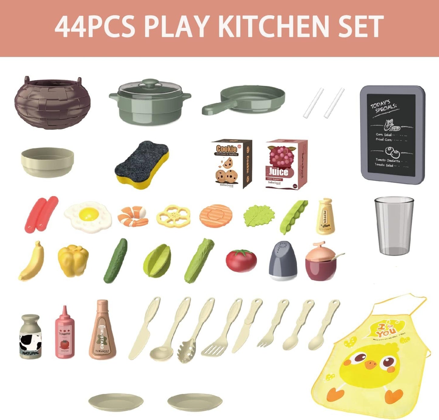 PanKome Kitchen Toy for Kid, Kitchen Playset Pretend Food - Toy Accessories Set w/ Real Sounds & Light, Play Sink, Cooking Stove with Steam, 44 PCS Kitchen Toys for Toddlers Kids, Girls & Boys (Orange)